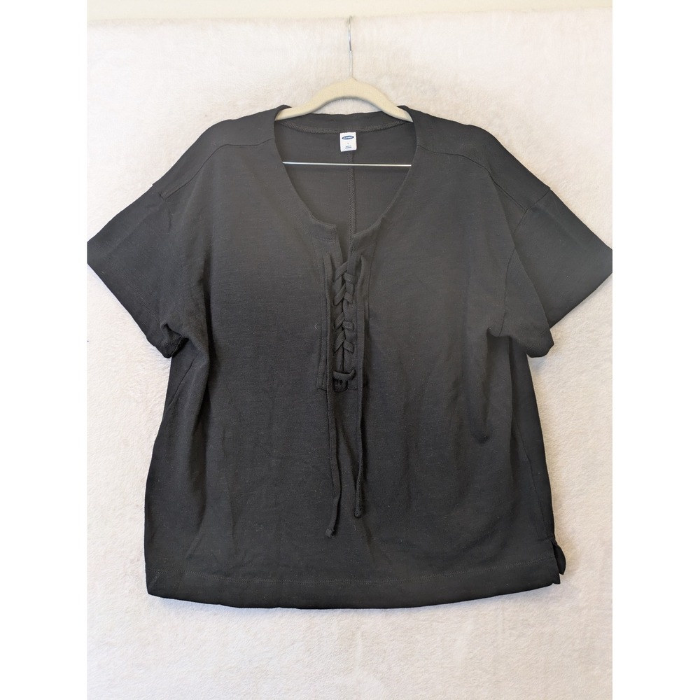 Old Navy Lace-Up T-Shirt Women's L Black Short Sleeve V-Neck Relaxed